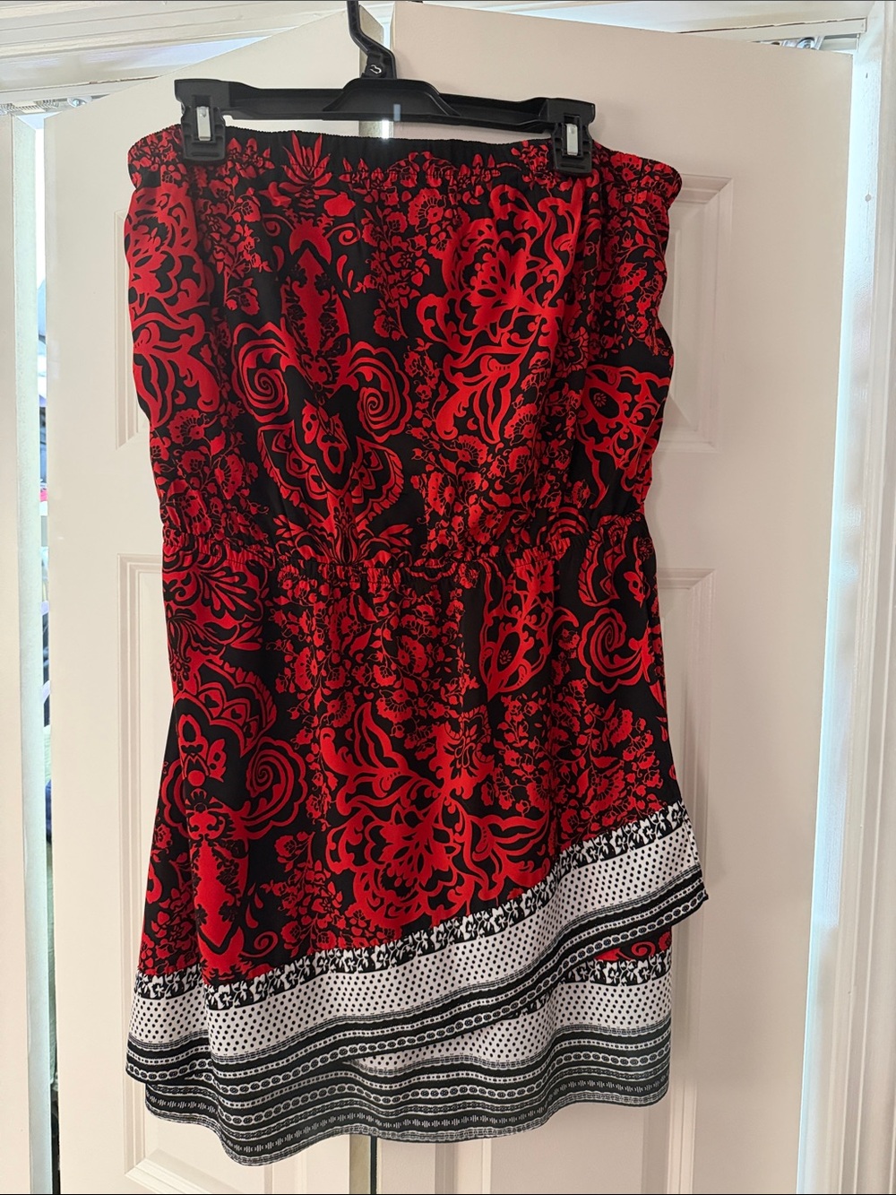 Express Red and Black Strapless Mini Dress with Printed Border
